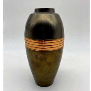 Vintage Vase 6.25” Tri‎ Color Oval Brass Copper Silver Tones Patina India
